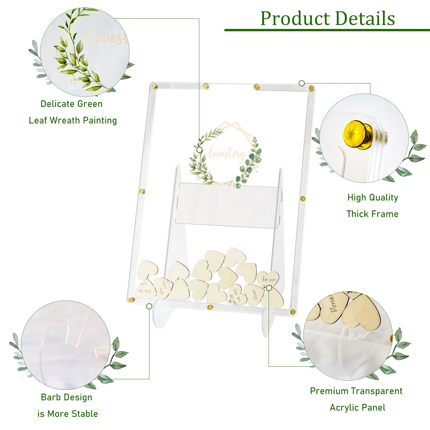 Acrylic wedding guestbook drop box with stand, 100 wooden hearts and markers, wedding signs for ceremony and reception