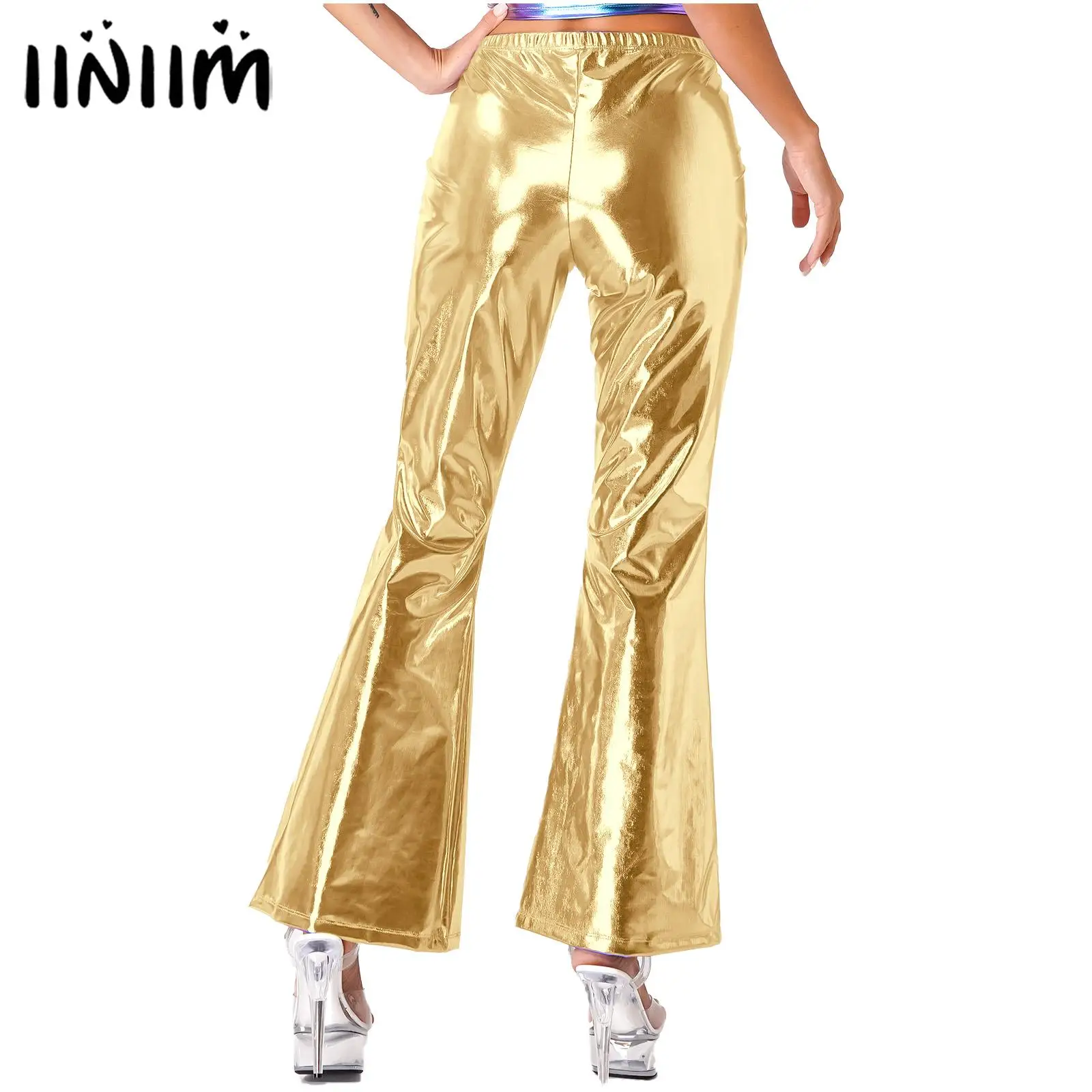 

Womens Glossy Flare Pants Shiny Metallic Disco Pants Elastic Waistband Bell Bottom Flared Trousers Dancing Party Cosplay Costume