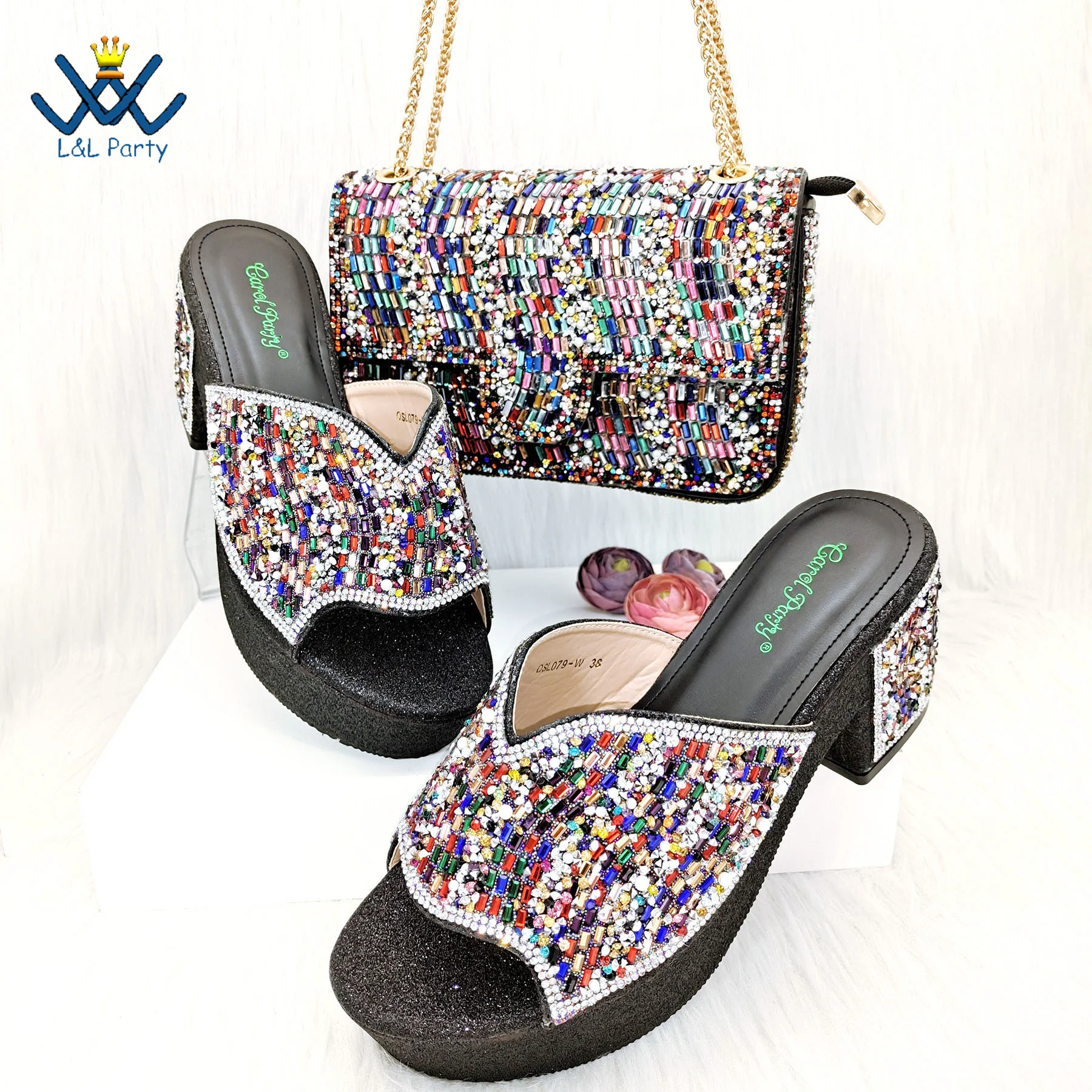 

New Shoes and Matching Bag for Nigeria Party Rainbow Color for Women Ladies Italian Shoes and Bag Set Decorated with Rhinestone