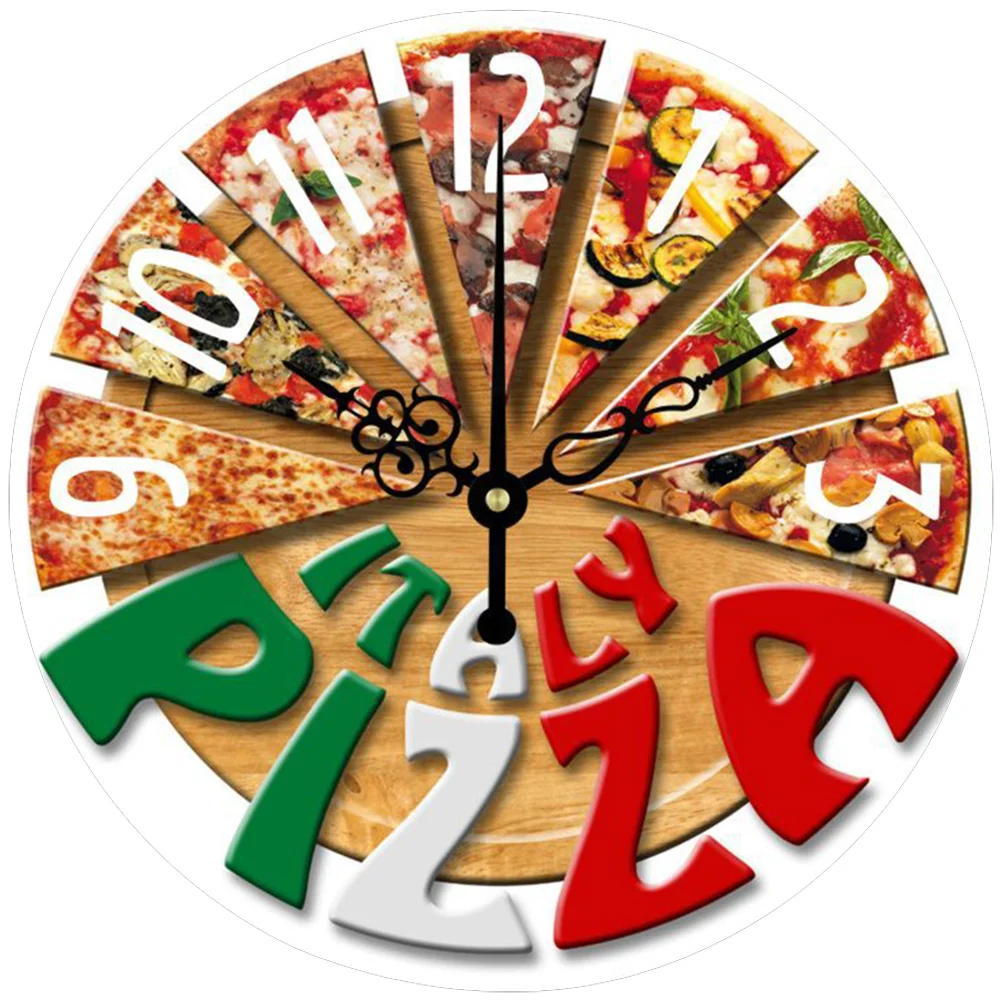 Modern Silent Pizza Wall Clock Fiber Wood Home Decor Living Room Battery Operated Non Ticking Large Style