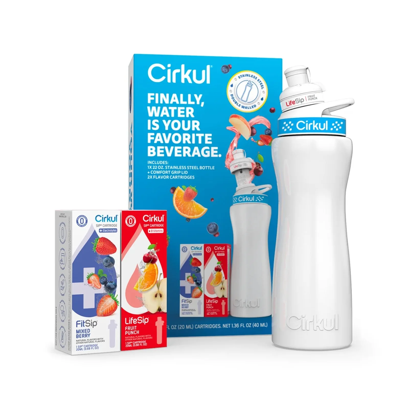 

Cirkul 22oz White Stainless Steel Water Bottle Starter Kit with Blue Lid and 2 Flavor Cartridges (Fruit Punch & Mixed Berry)