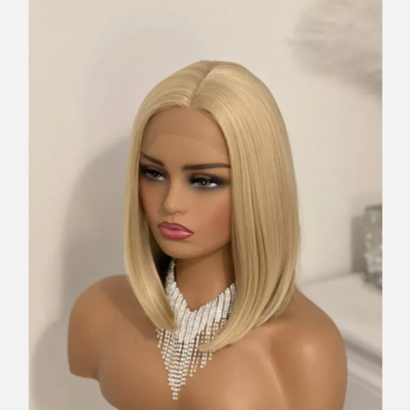 13&times;4 Bob Blonde Brown Wig Lace Front Wig Wavy Highlights Synthetic Middle Part High Quality Heat Resistant Wigs For Women