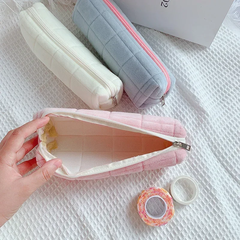 Soft Multifunctional Cosmetic Bag Organizer Large Capacity Pink White Blue Plush Makeup Bag Pencil Case Cute Student Storage Bag 6