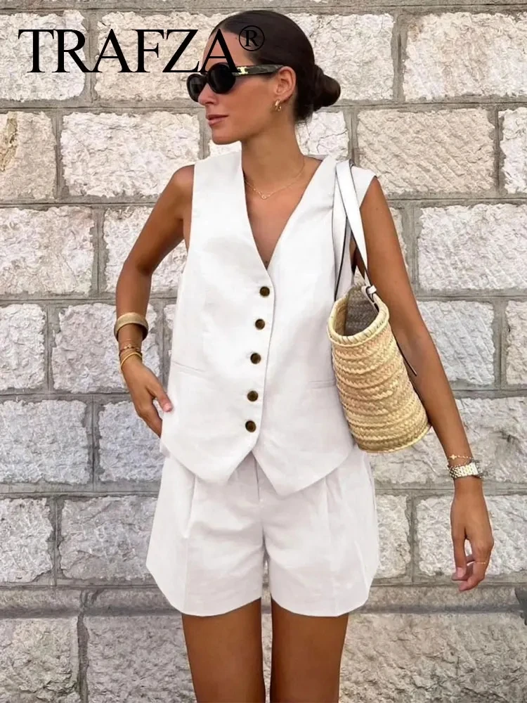 TRAFZA Women Pant Sets Vintage Solid Single Breasted V Neck Waistcoat Tops + Slim Zipper Fly Shorts Summer Office Lady Suit TRAF