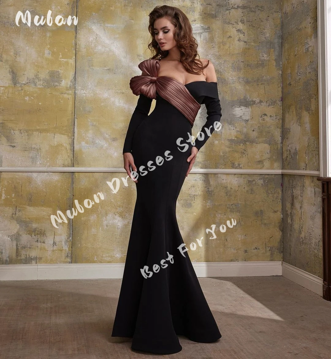 Off Shoulder Mermaid Long Sleeves Prom Dresses Pleated Bow Contrast Color Wedding Party Gown Elegant Women Evening Dress