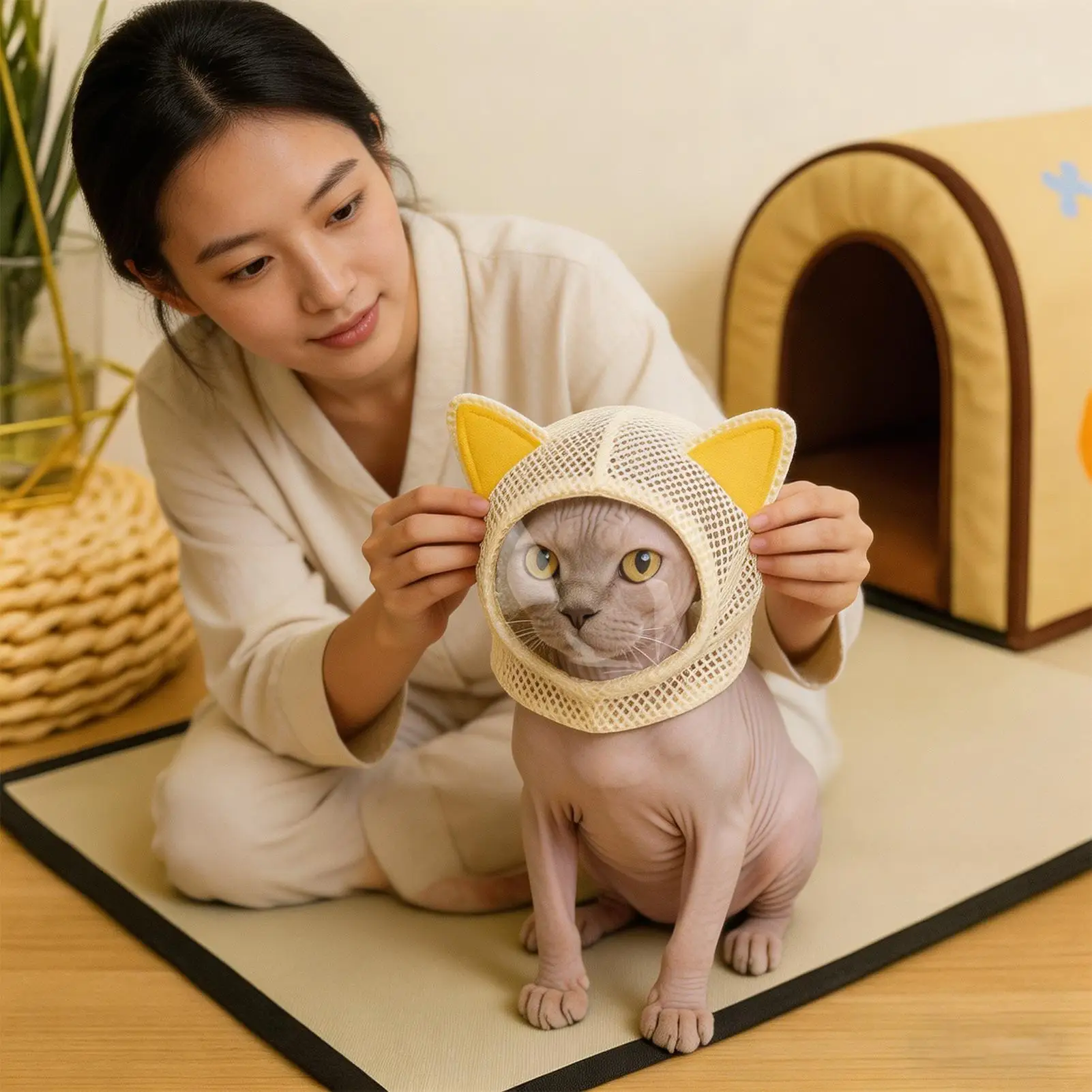 고양이 입마개 새끼 고양이 물림 방지 헤드기어 통기성 메쉬 고양이 헬멧 목욕, 발톱 손질, 집, 실내, 여행, 긁힘 방지용
