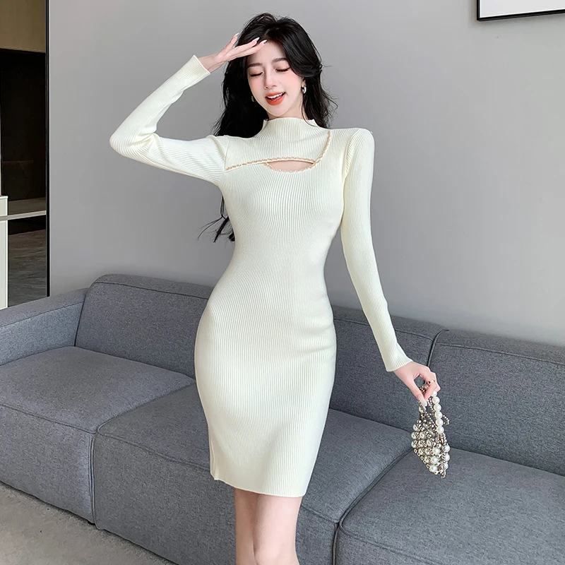 

Hollow Out Knitted Dress Women Half Turtleneck Slim Long Sleeve Mini Vestidos Dresses 6074