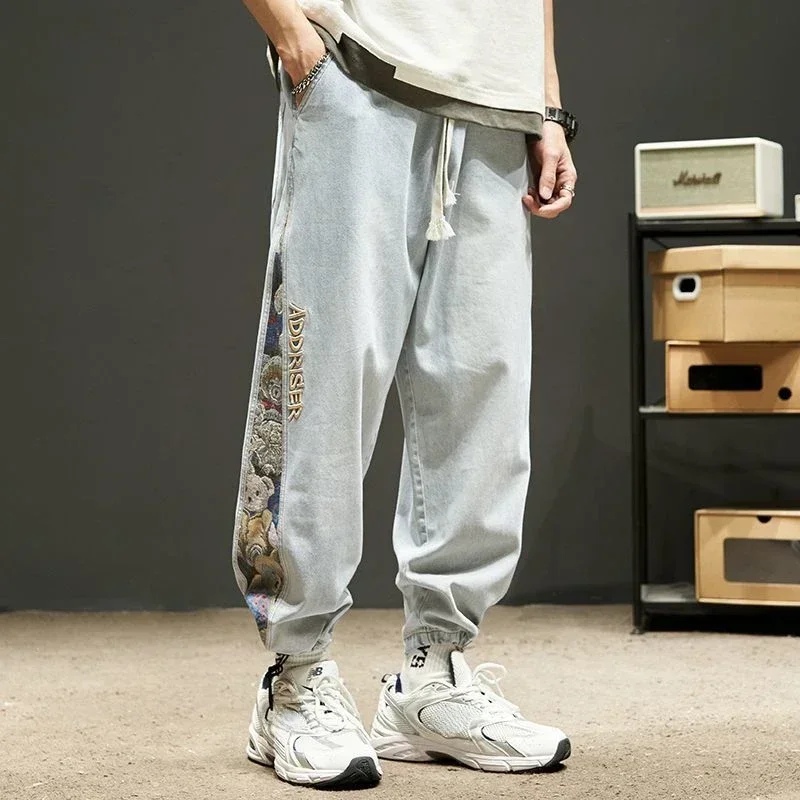 

Trousers Cropped Jeans for Men Graphic Male Cowboy Pants Embroidery Large Size Y2k Vintage Loose New in Classic Designer Stacked