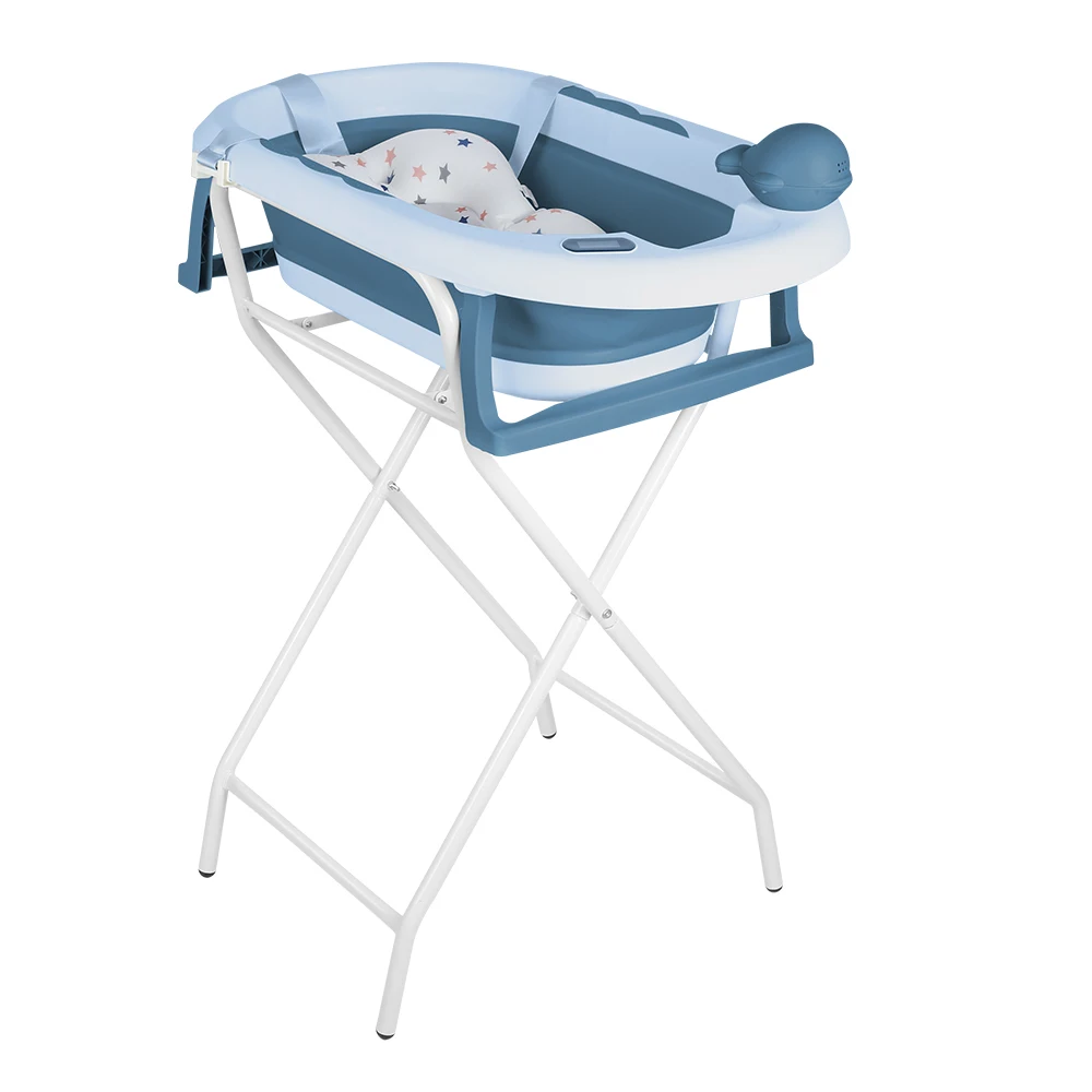 Baby Foldable Bath with Steel Stand, Built-in Thermometer, Ergonomic, Secure and Comfortable Cushion, 0-3 Years, Grey/Blue/Green/Voile/Pink