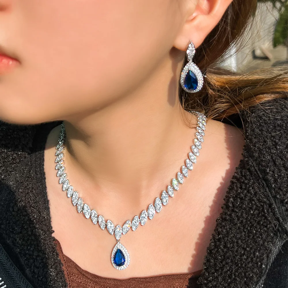 CWWZircons Water Drop Cubic Zirconia wedding necklace and earrings luxury CZ Crystal bridal jewelry sets for bridesmaids T109 bridal jewelry sets crystal jewelry sets