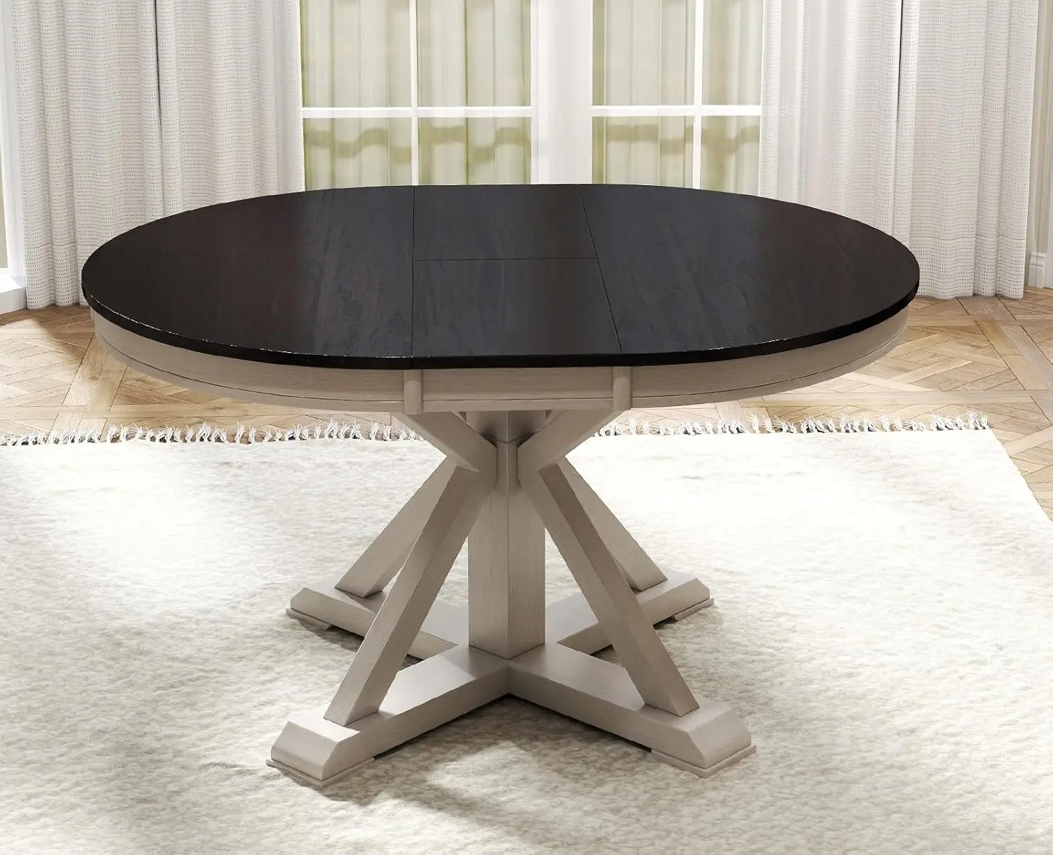 42-54 Inches Extendable Dining Table for 4-6 People, Oval Shape/Round Kitchen Table with Trestle Pedestal Base, Wooden Circle