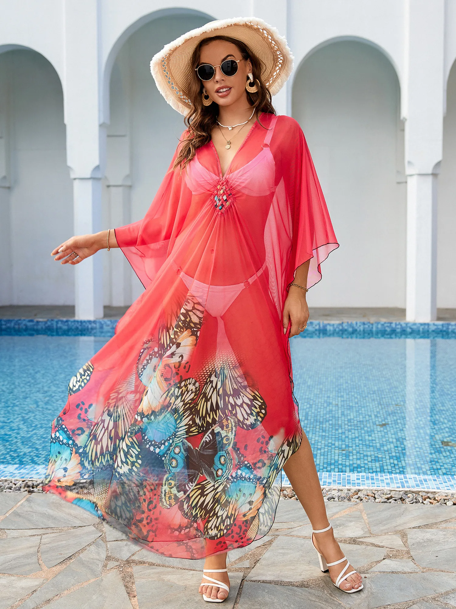 

Summer Loose Kaftan Women Plus Size Floral-Print Caftan Resort Maxi Dress 2023 Casual Beachwear Swimsuit Bikini Cover-ups Q1559