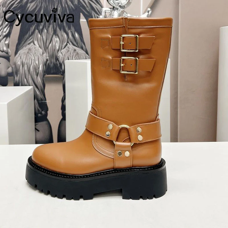 

2023 Real Leather Platform Mid Calf Boots For Women Thick Sole Short Boots Designer Brand Casual Shoes Women Motorcycle Boots