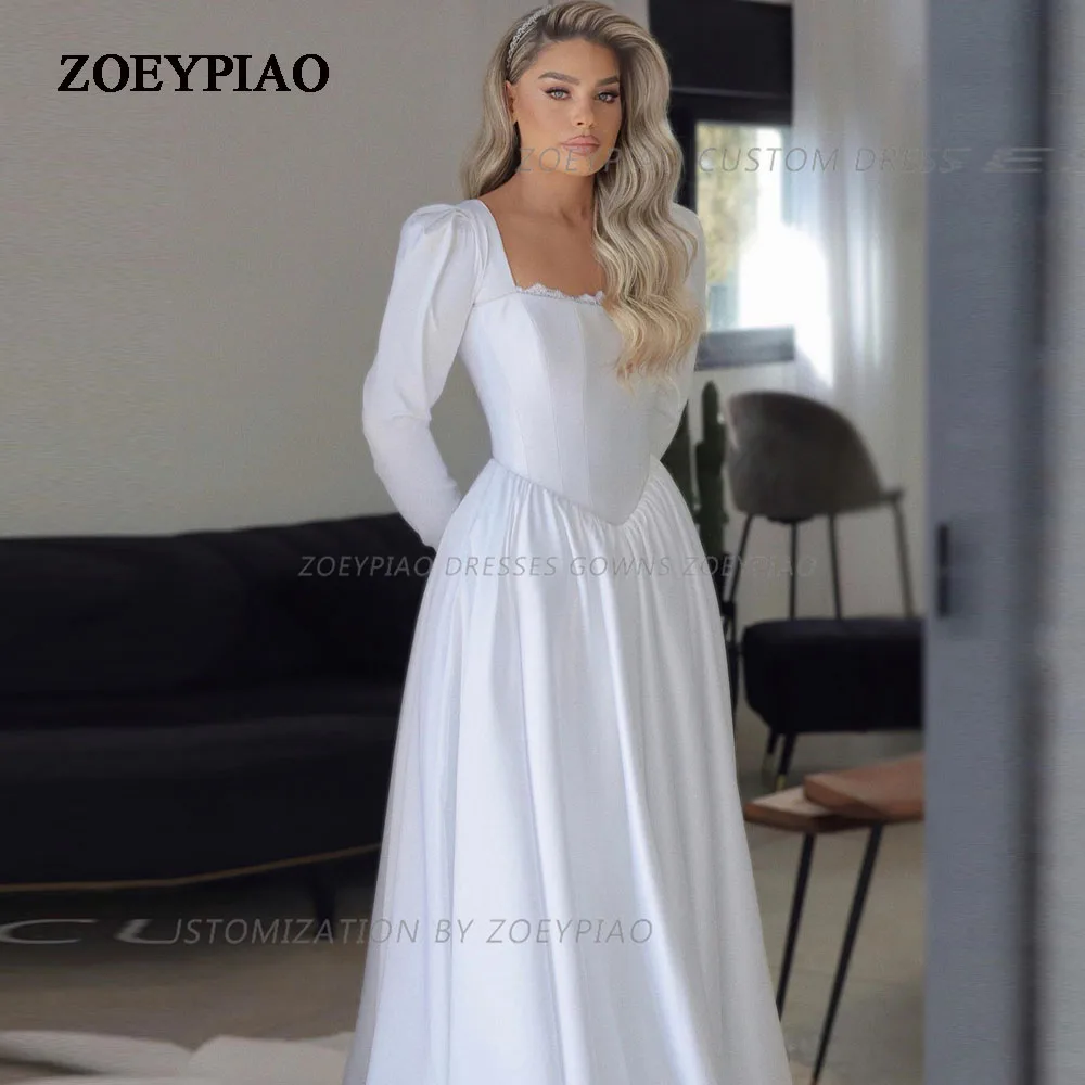 

Elegant A Line Wedding Dresses Satin Full Sleeves Bride Robes Floor Length Bridal Gowns Satin Custom Bride Vestidos De Noiva