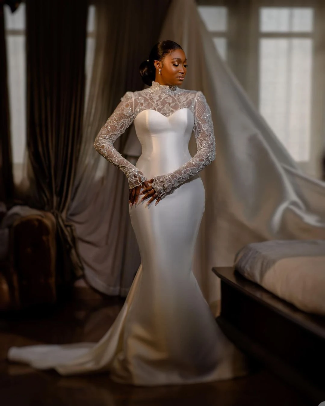 Lace Top Satin Skirt Civil Wedding Dress Vestido De Novia Modern Satin Mermaid Bow Satin Court Train Sleeves Bridal Gown Princess White Bridal Gowns main image 0