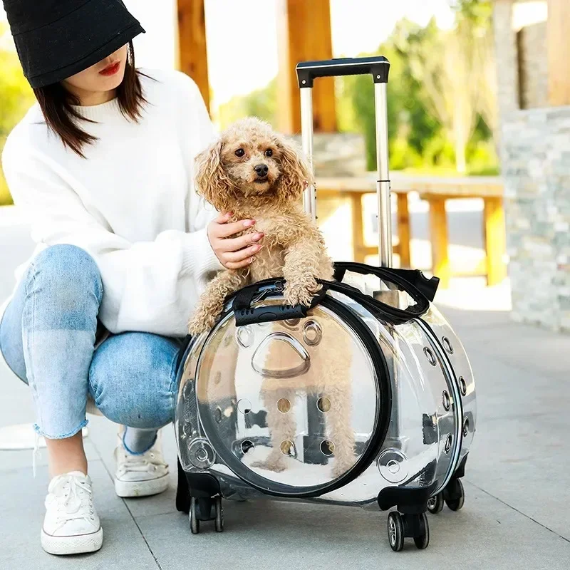 Pet Dog Trolley Suitcase Luggage with Wheels Carrying Transparent Breathable Carrier Backpack Stroller