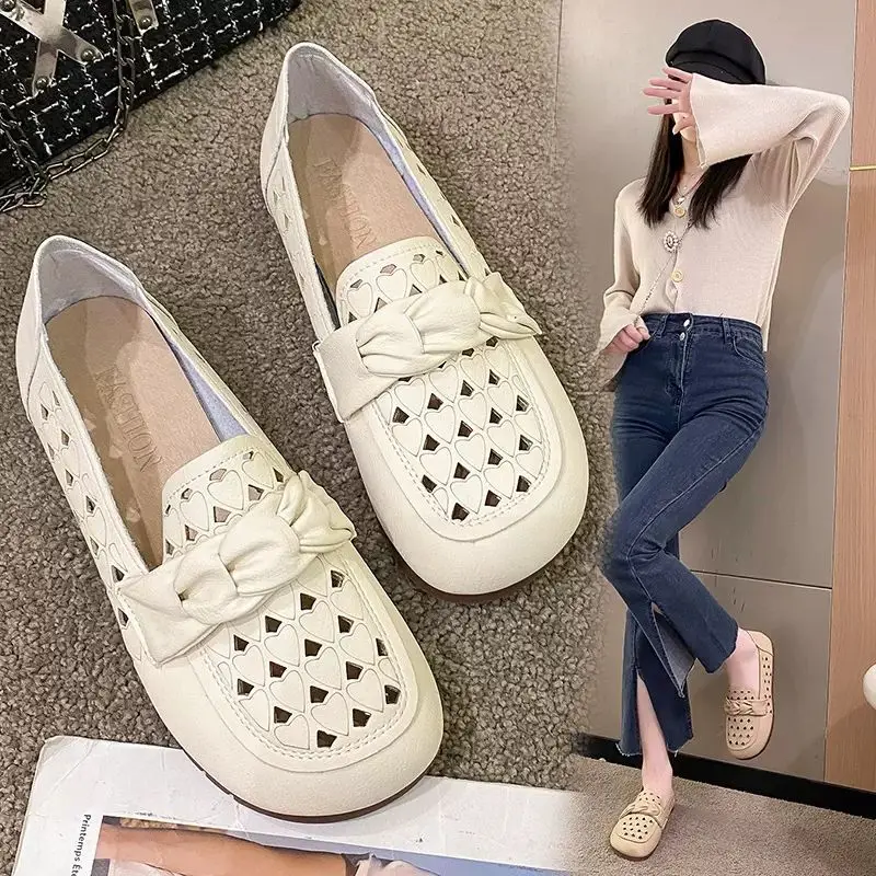 

New Fashion Summer Shoes for Woman Hollow Breathable Cozy Female Flat Holes Round Toe Shoes Slip-on Lazy Loafer Mom Shoes