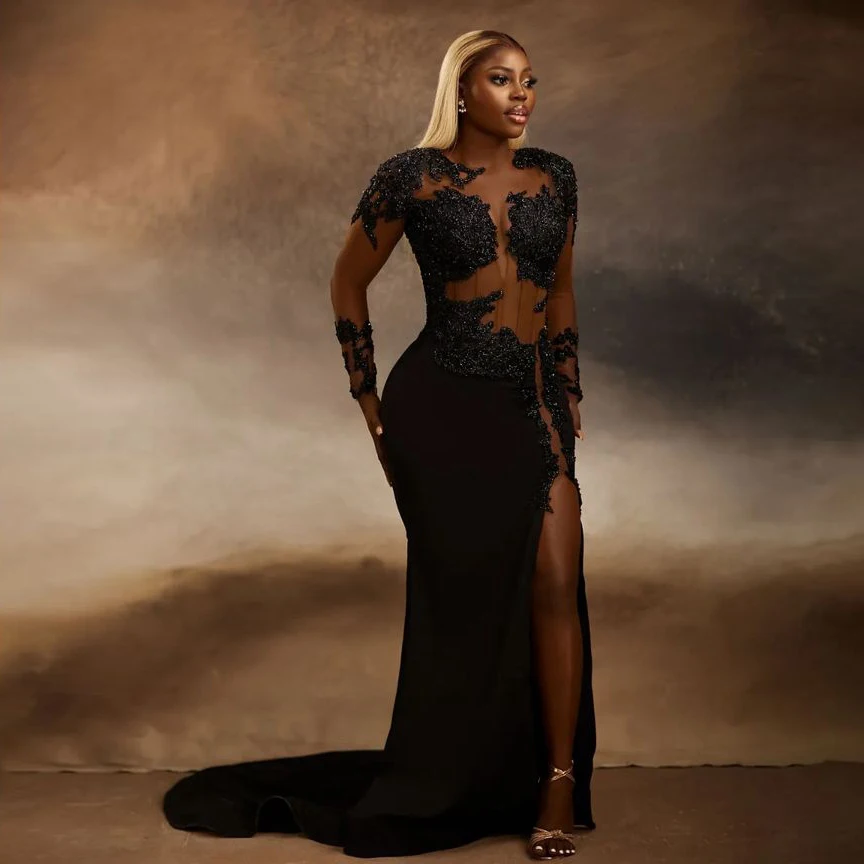 

Elegant Black Shiny Sequins Appliques Evening Dresses Sheer Mesh Long Sleeve Mermaid Dress Side High Slit Africa فساتين السهرة