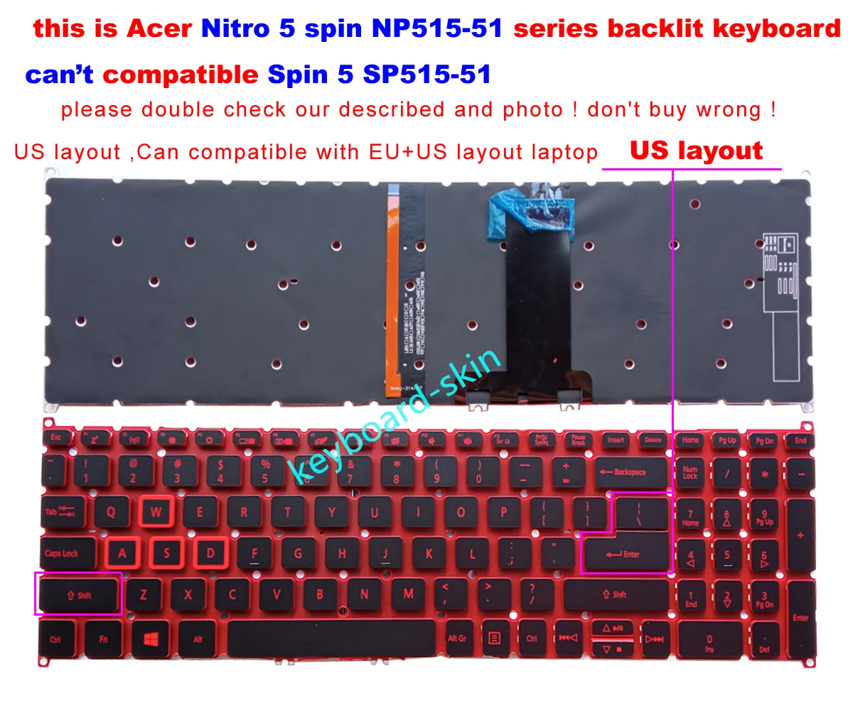 New US Backlit no frame Keyboard For Acer Nitro 5 spin NP515 51 N17W1