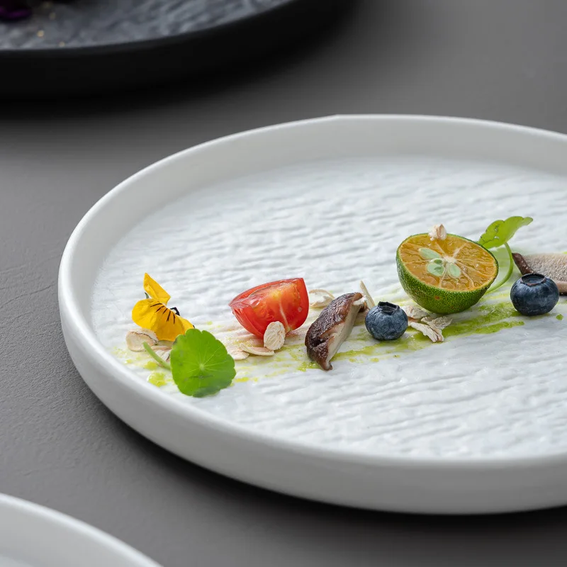White/Black Ceramic Dishes Stone Rexture Porcelain Serving Plate Round Western Steak Tray Snack Cake Dessert Deep Dinner Plate