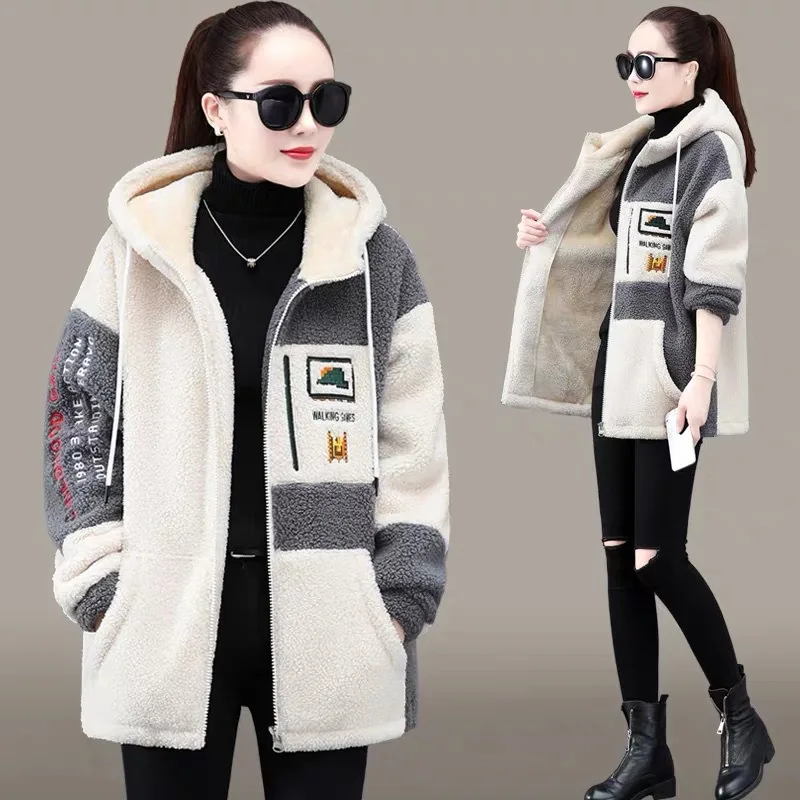 2023 Winter Lamb Fleece Coat Women New Loose Mid-long Coat Casual Plus Fleece Thickened Hooded Cardigan Hoodie Sweater Tide