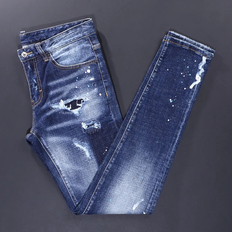 High Street Fashion Men Jeans Retro Blue Stretch Skinny Fit Painted Ripped Jeans Men Vintage Designer Brand Denim Pants Hombre