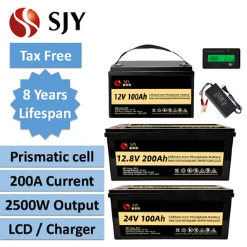 SJY LiFePO4 리튬 다리미 인산염 배터리, 캠핑 보트 태양광 시스템용, 12V, 24V, 100AH, 200AH, 12V100AH, 12V200AH, 24V100AH, 세금 없음