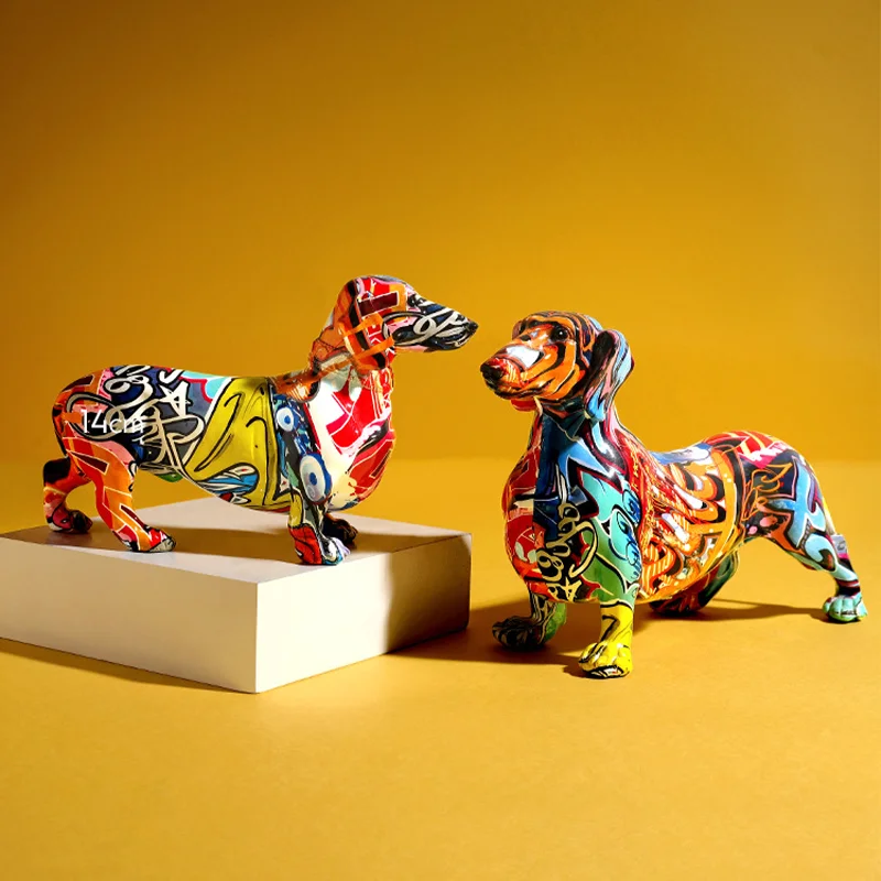 

Modern Graffiti Colorful Dachshund Statue Animal Statue Desktop Art Home Wine Cabinet Decoration Desktop Office Decoration Resin