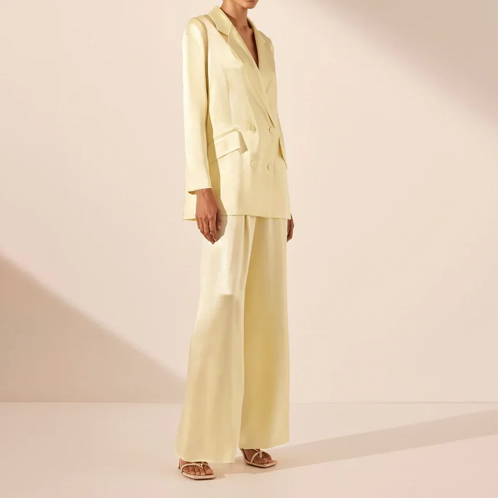 Fashion Yellow Satin Women Pants Sets Chic Notch Lapel Double Breasted Wear Elegant Basic Daily Casual Female Suit Two Piece women suit set