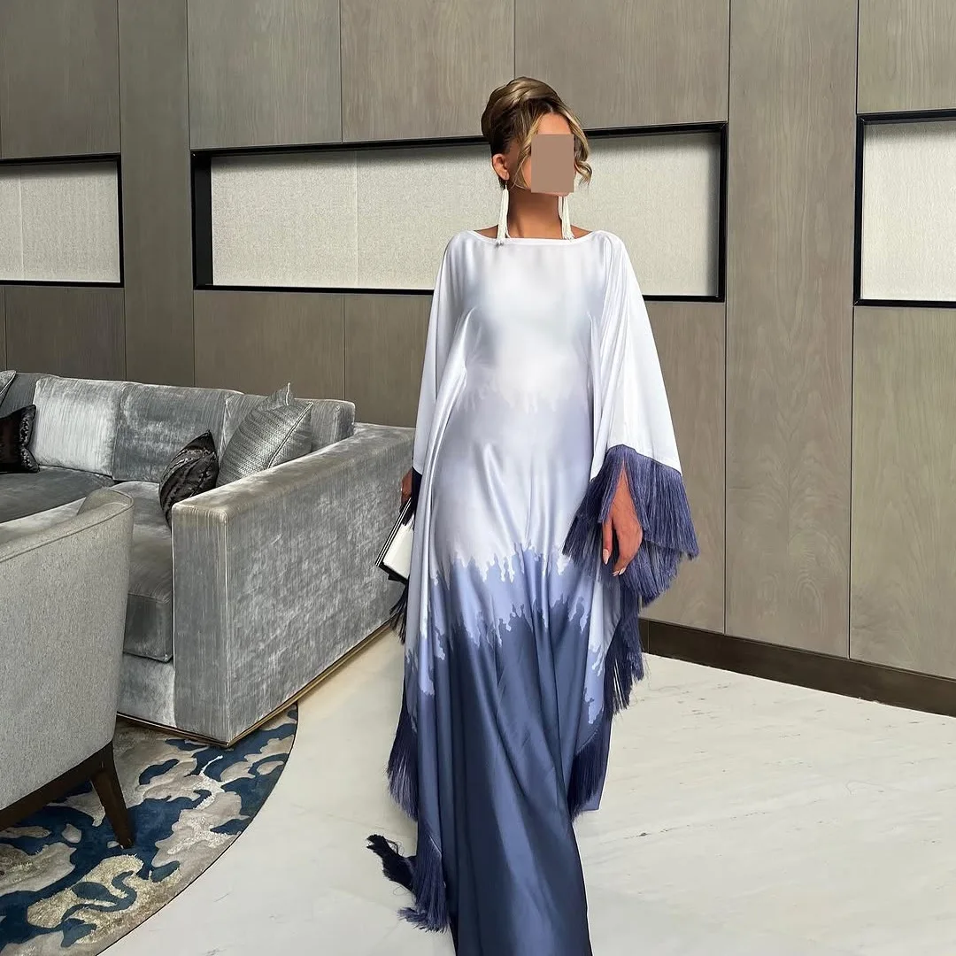 Ramadan Dubai Fledermausärmel O-Ausschnitt Quasten Stilvolle Abaya Muslimische Damenkleider für Frauen Gala – Detail 12