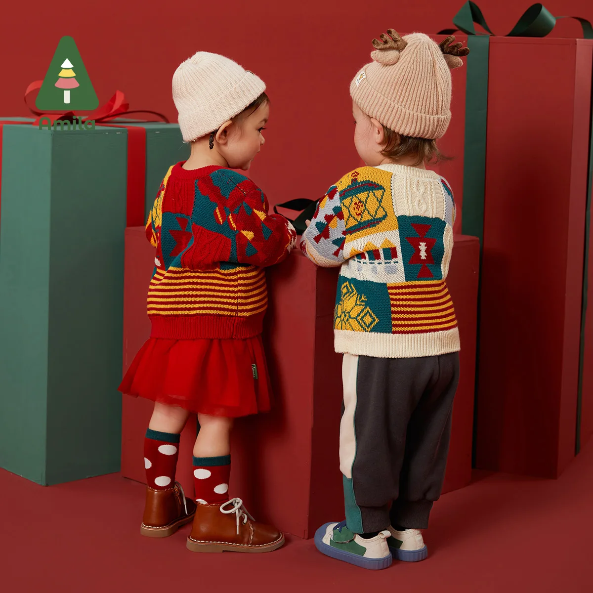 Amila Baby's Sweater Winter New Boys And Girls Jacquard Twisting Technology Original Checkered Color Block Pattern Sweaters