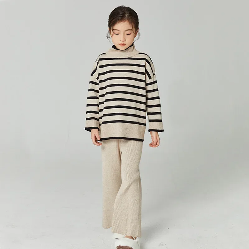 

Fashion Girl Vintage Striped Sweater Autumn Winter Toddle Child Knitted Turtleneck Top Cotton Baby Clothes Parent-child Sweater