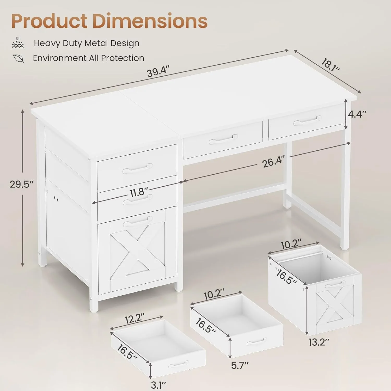 Office Desk with 5 Fabric Drawers, Computer Desk with Drawers,Farmhouse Desk with Headphone Hooks for Home Office (39 inch) 2
