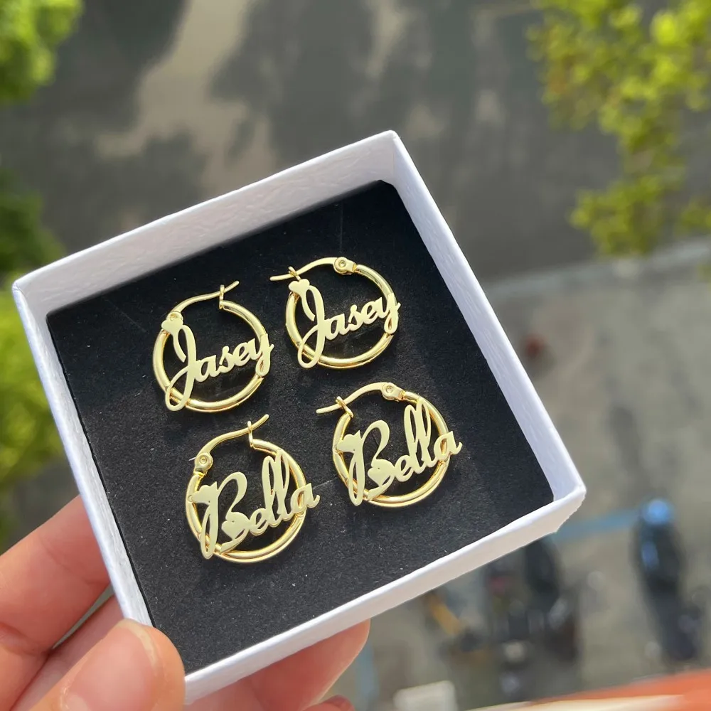 Duoying Custom Nameplate Earrings Hoops 20Mm 18K Gold Plated Stainless Steel Letter Round Earring Jewelry For Kids Gift Sd9Cd2A3407Db4A40A9E2495Adf8513A73