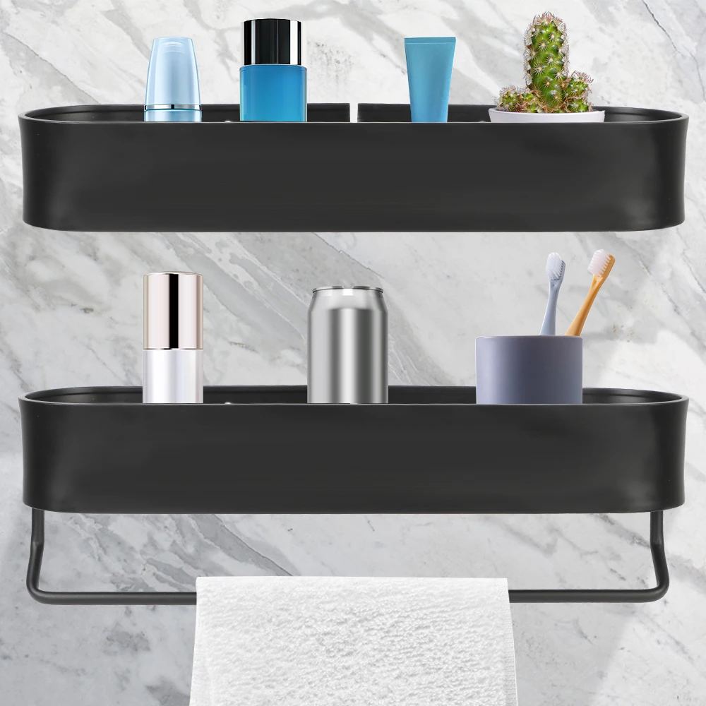 Wall Mounted Shelves Shower Storage Basket Bathroom Shelf Rack Kitchen Organizer Bath Towel Holder Black
