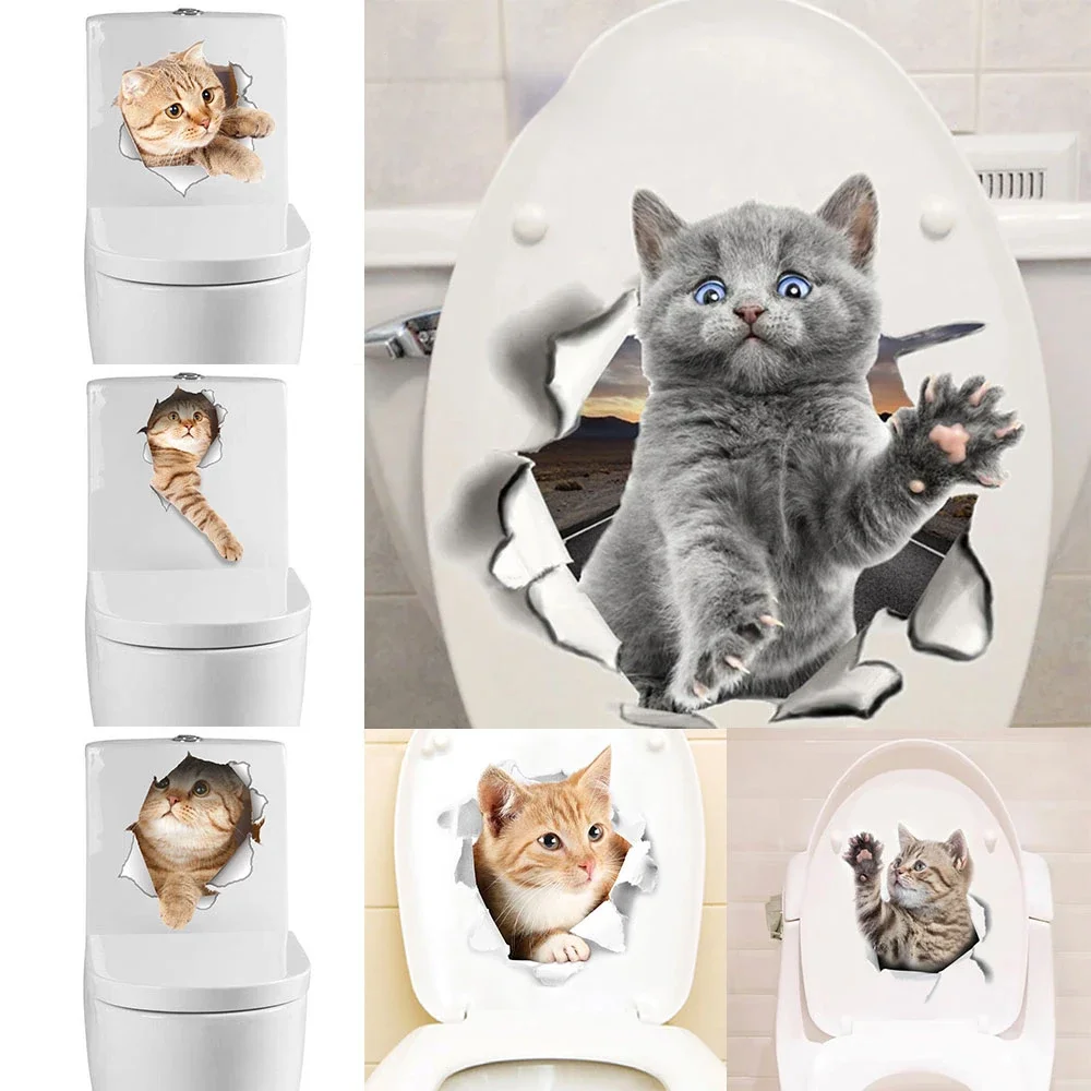 Cats 3D Wall Sticker Toilet Stickers Hole View Vivid Dogs Bathroom For Home Decoration Animals Vinyl Decals Art Wallpaper Poster