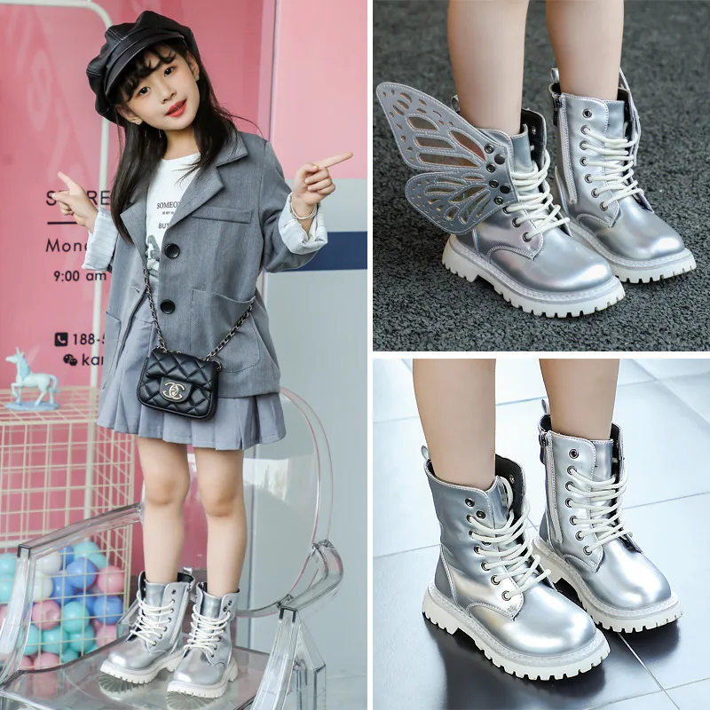 

Children's Ankle Boots 2024 Autumn New Girls Princess with Wings Fashion Colorful Short Boots Trend Kids Boys Pu Leather Boots