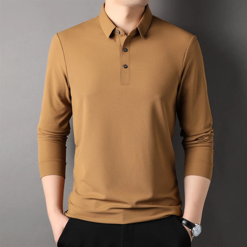 

High Elasticity Men's Polo Shirts Luxury Seamless Solid Color Long Sleeve Spring Autumn Business Casual Male T-shirts 4XL