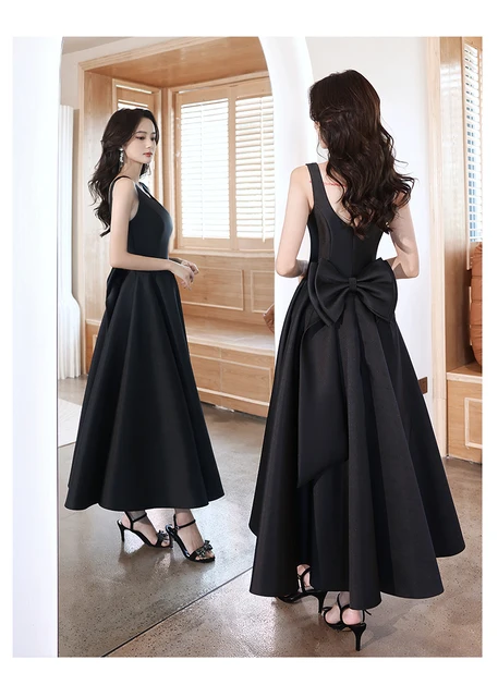 Elegant Black Satin Evening Dress Sleeveless Backless Bow Long Pageant Gowns  Women Simple Formal Party Dresses - AliExpress