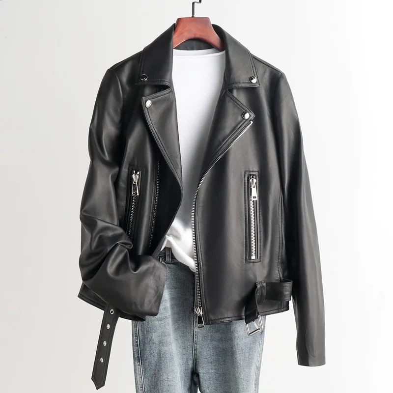 цена Genuine Sheepskin Leather Jacket Women Motorcycle Suit Collar Jacket S15