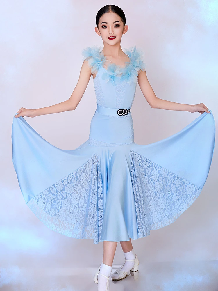 

Girls Ballroom Dance Dress Blue Lace Sleeveless Kids Latin Dance Clothes Practice Wear Waltz Costume Competition Dress BL12895