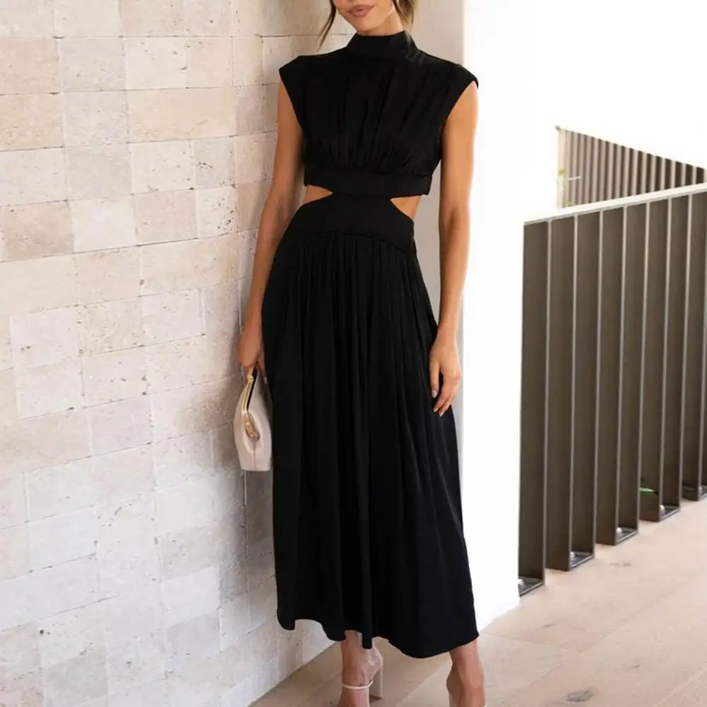 

Elegant Lady Prom Dress Pleated Sleeveless Solid Color Stand Collar Hollow Out Wedding Party Women Maxi Dress Female Clothing