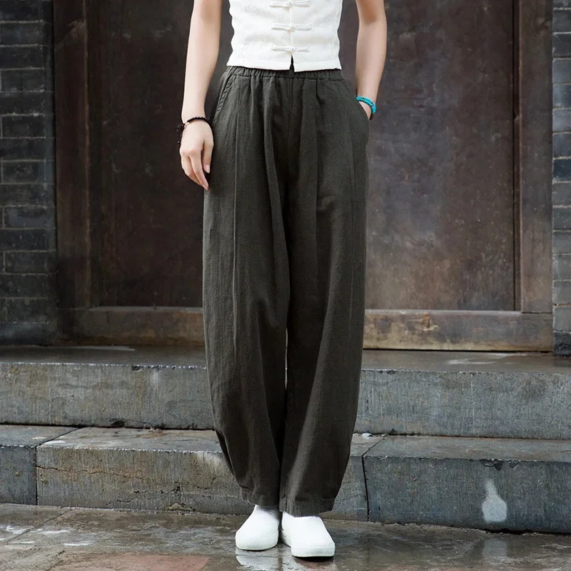 Yourqipao Spring Summer Cotton Linen Chinese Style Retro Pants Art Washing Loose Slim Trousers Ladies Bloomers Bottoms for Women
