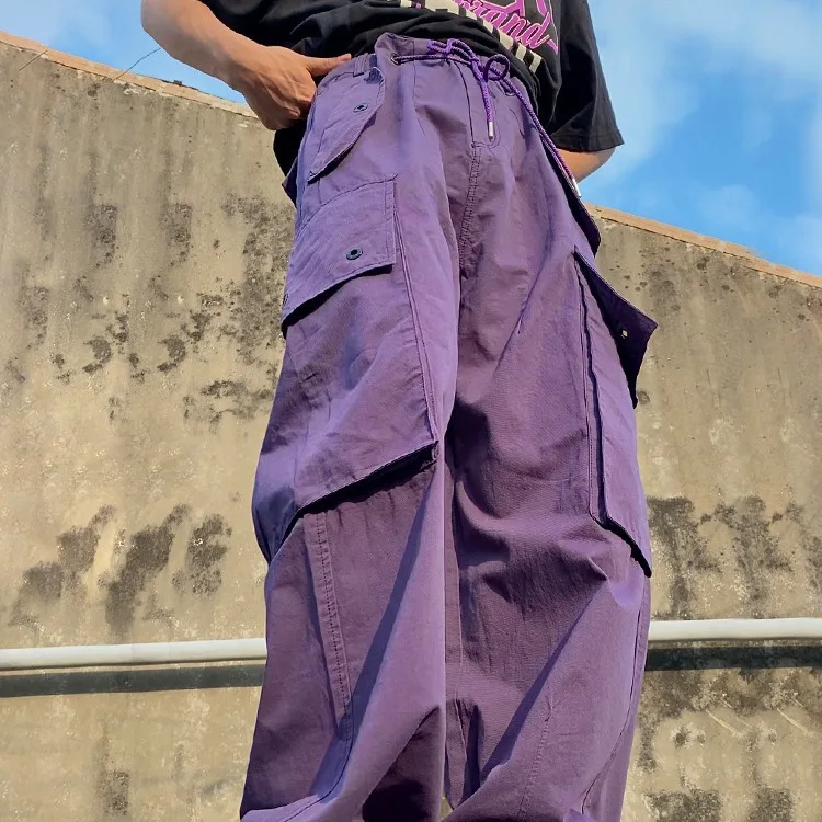 Purple Overalls Women's Summer Baggy Big Pocket Straight Leg