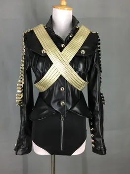European and American New Nightclub Bar DJ Singer Leather Split 2-piece Set Women's Fashion Performance Clothing