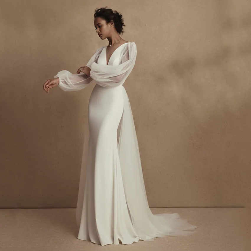 

Gorgeous Detachable Train Wedding Dresses Simple Backless Civil Bride Dress Long Sleeves Mermaid Bridal Gown 2023