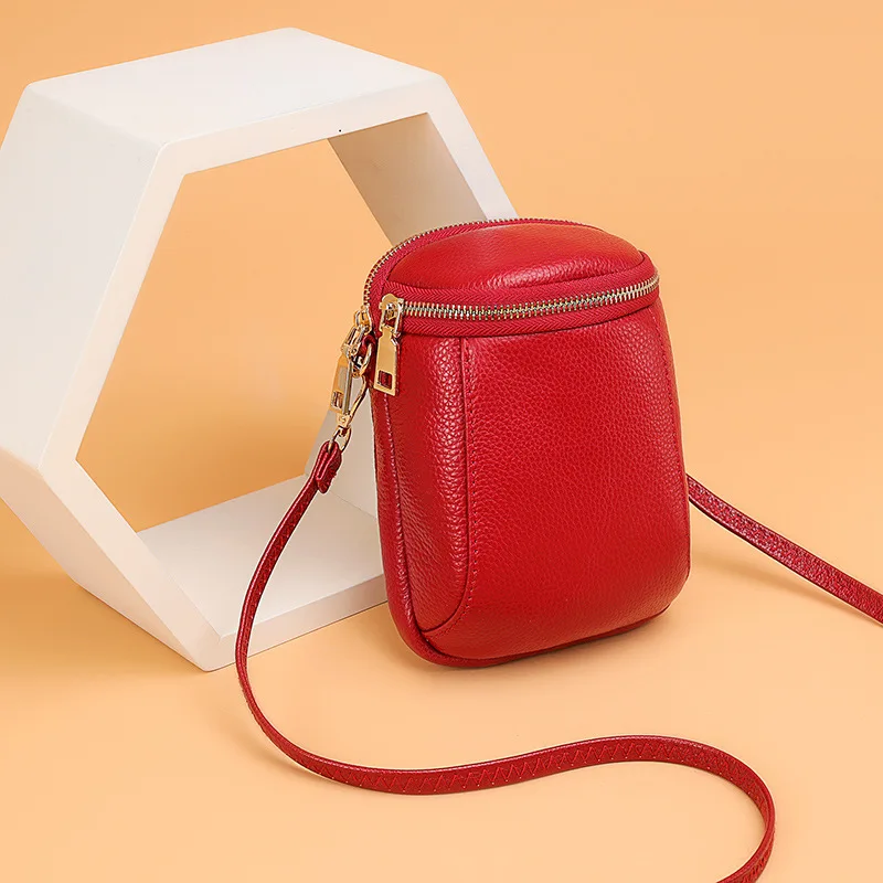 

New Top Layer Cowhide Mobile Phone Bag with One Shoulder Diagonal Cross Soft Women's Portable Bucket Bag