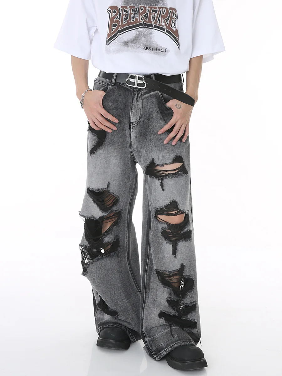 

2023 Summer Men's New Streetwear Hip Hop Style Casual Pants Ripped Loose Retro Jeans Fashion Trend Black Color Trousers