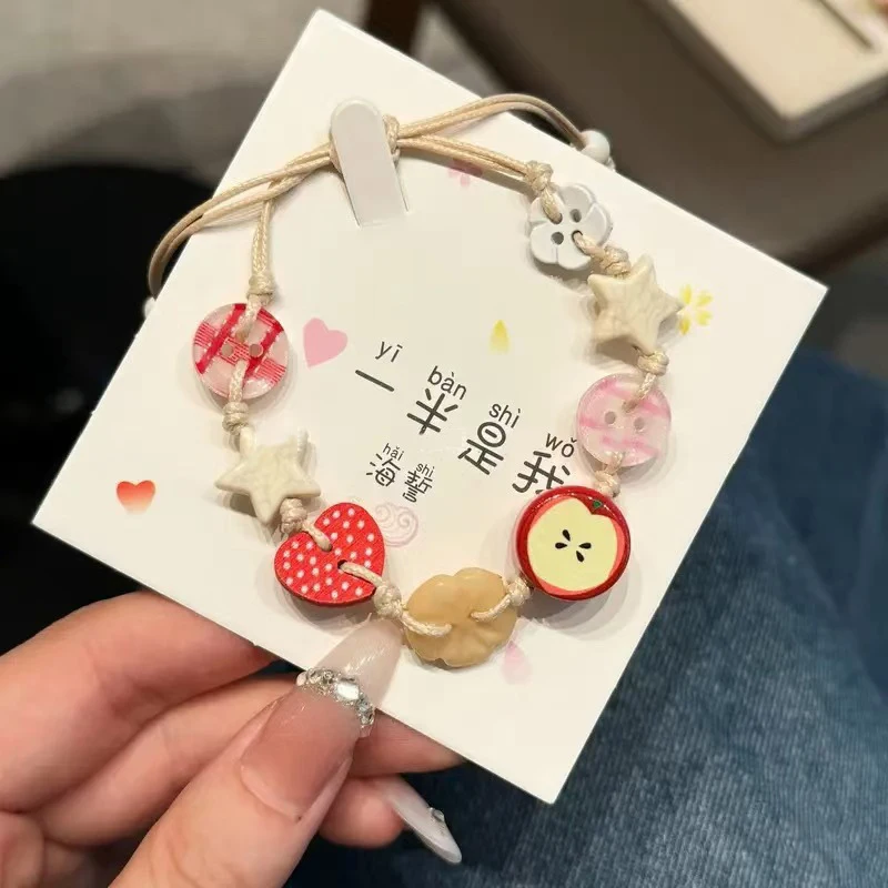 Handmade Ceramic Apple Bracelet with Adjustable Woven Cord and Cartoon Beads - Women's Jewelry Gift