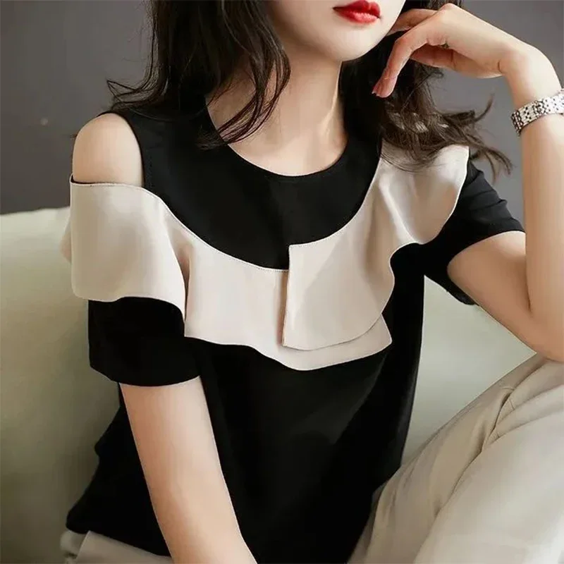 

Женский шифоновый пуловер с оборками, Элегантная блузка составного кроя с открытыми плечами и коротким рукавом, модель B140 на лето